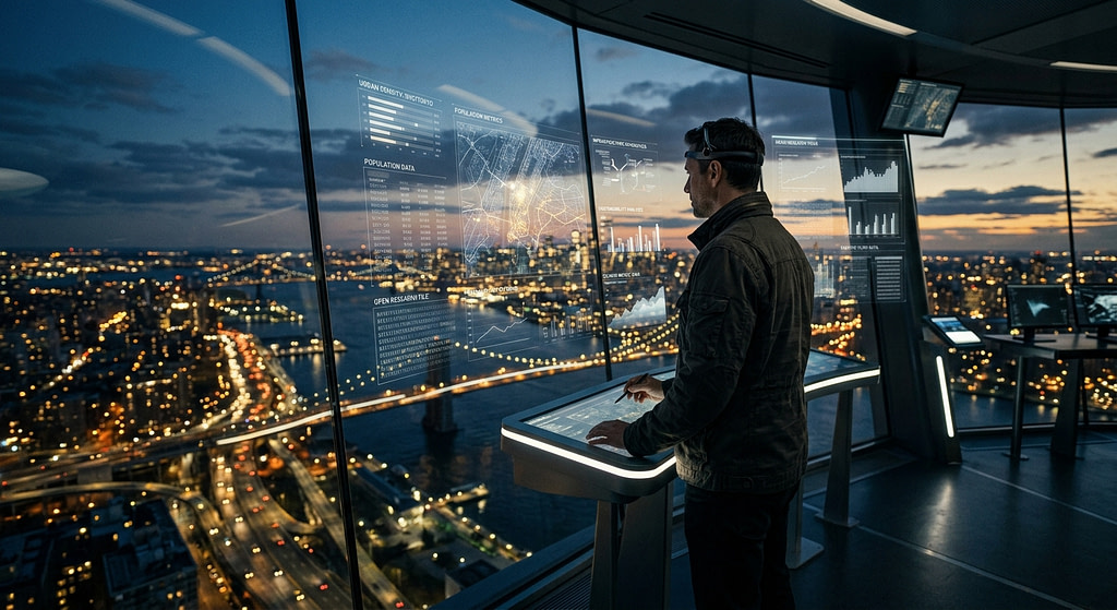 A man working at a futuristic control console displaying city data overlays, overlooking an illuminated skyline at night